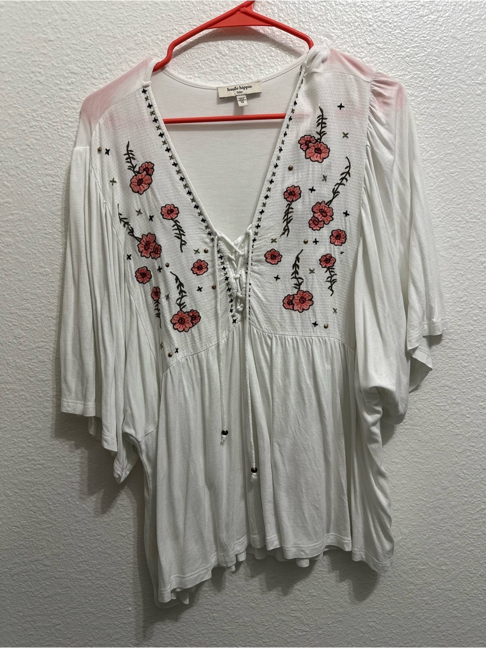 Haute Hippie White V-Neck Tunic with Pink Floral Embroidery